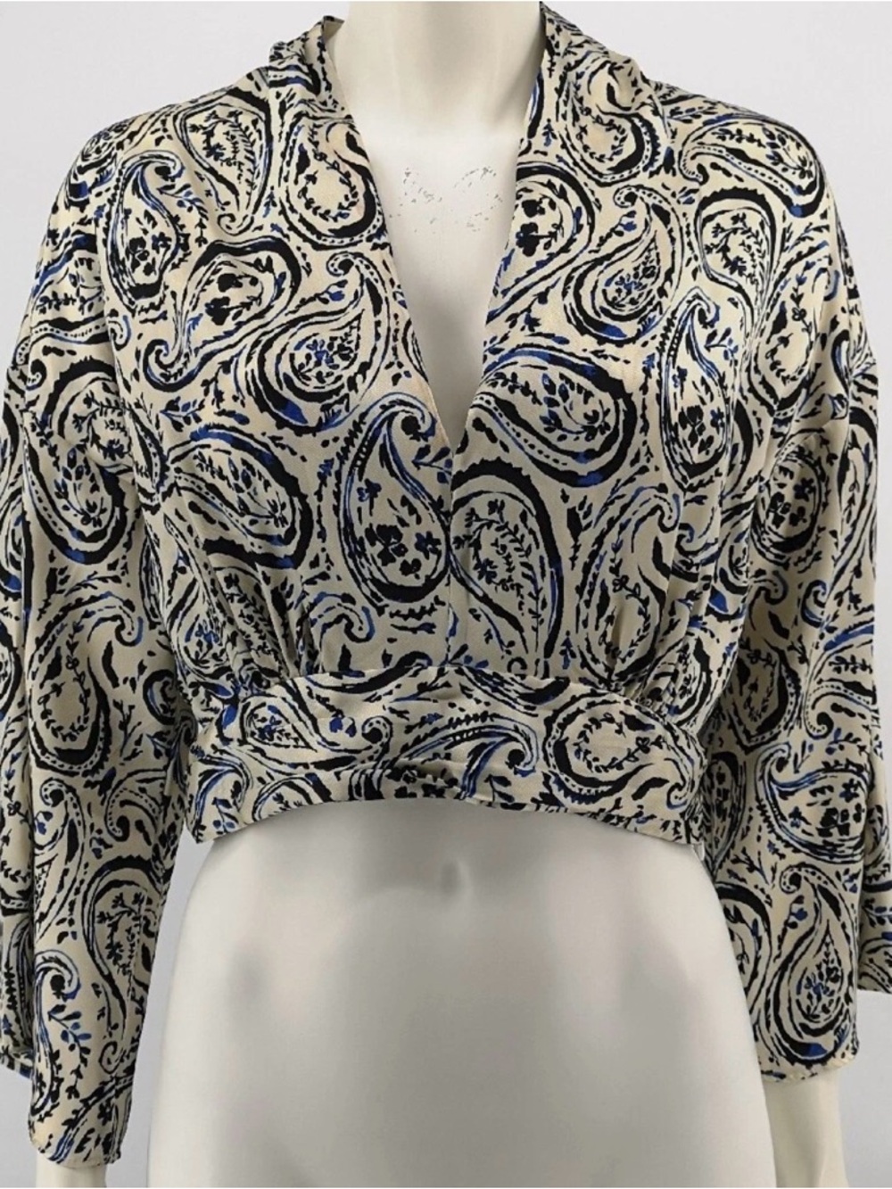 Zara Paisley Print Long-Sleeve Blouse a V-Neckline and a Wrap-Style Front.